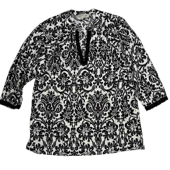 Jones New York Sport Womens Medium Tunic Top Black White Damask Print 3/4 Sleeve - Picture 1 of 11